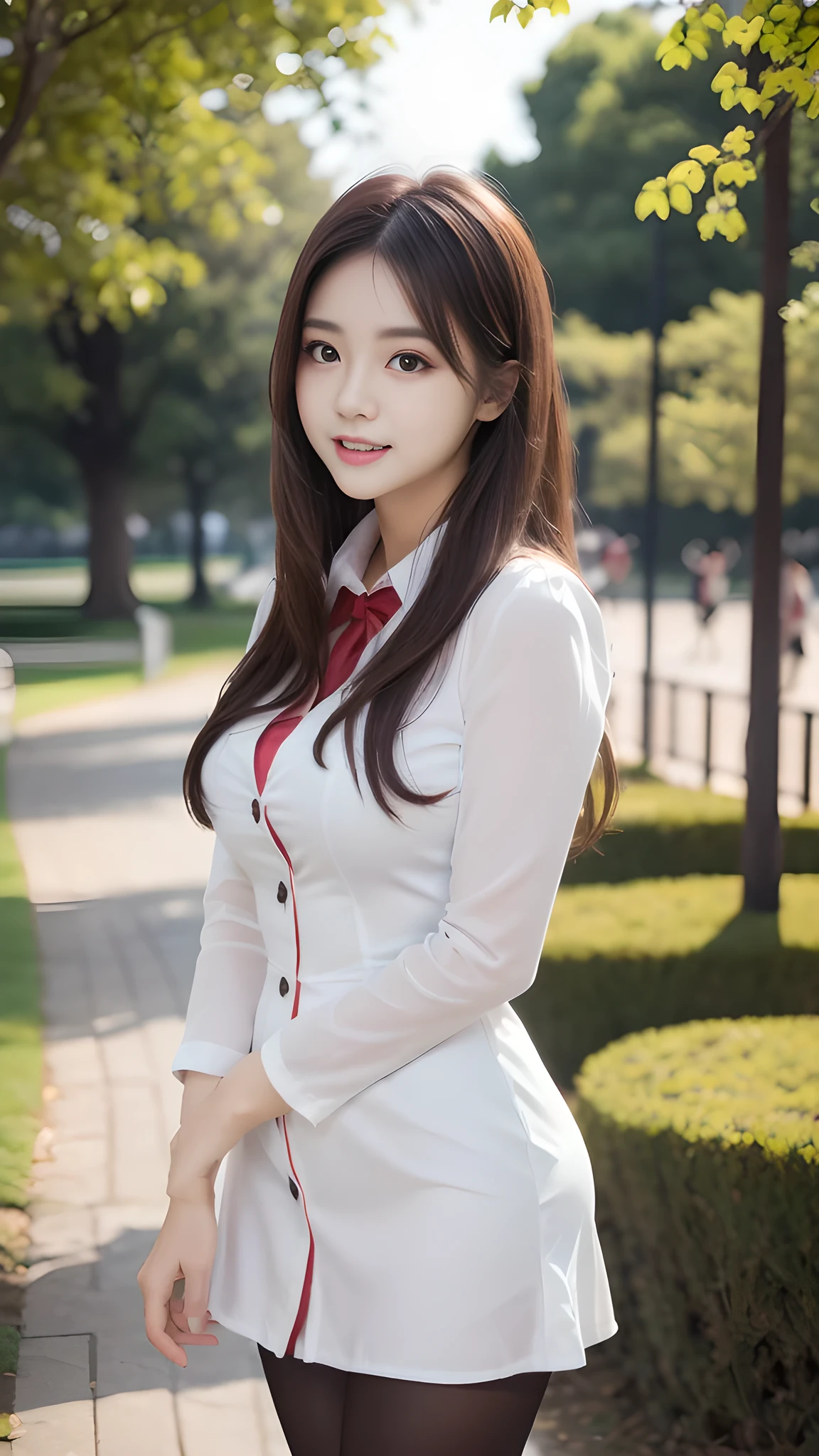 ulzzang-6500-v1.1, (RAW Photos:1.2), (Photorealistic), (Genuine:1.4), 1girl、Perfect Anatomy、20 years old、Looking at the camera、Medium Long Hair、uniform、dress, (( in the park :1.2))、(Ultra-realistic pantyhose:1.2), (Business services)、Asian Eyes Ella,