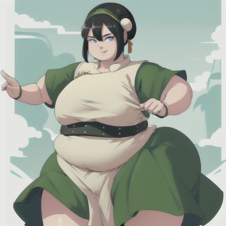 masterpiece, best quality, highres, 1girl, SSBBW, solo, black hair, hairband, belt, short hair, dress, blue eyes, hair bun, green hairband, blind, chinese clothes, hair bun, green dress, short sleeves, pelvic curtain, smile, fighting stance,