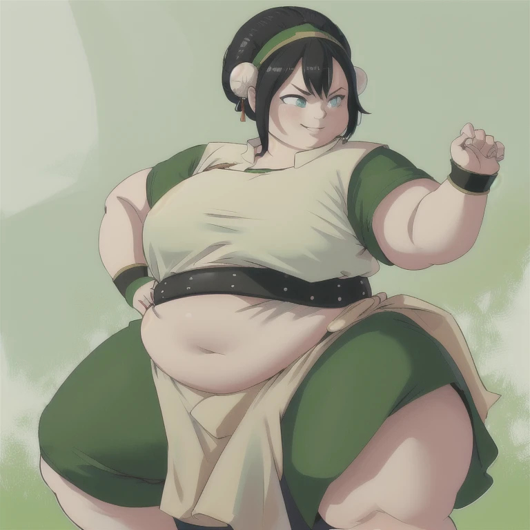 masterpiece, best quality, highres, 1girl, SSBBW, solo, black hair, hairband, belt, short hair, dress, blue eyes, hair bun, green hairband, blind, chinese clothes, hair bun, green dress, short sleeves, pelvic curtain, smile, fighting stance,