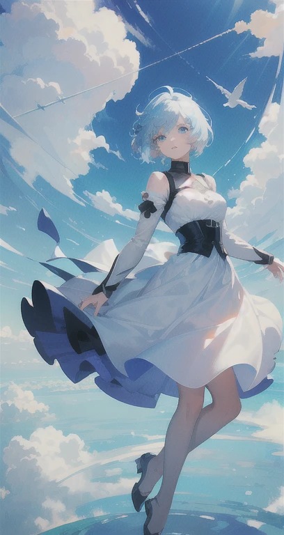 masterpiece, Highest quality, Movie stills, One girl, blue eyes,Short Hair,Floating in the sky, cloud girl, cloud, (close:1.1), bright, Happy, fun, Soft lighting, (Bauhaus, shape, OK, Abstract:1.1)