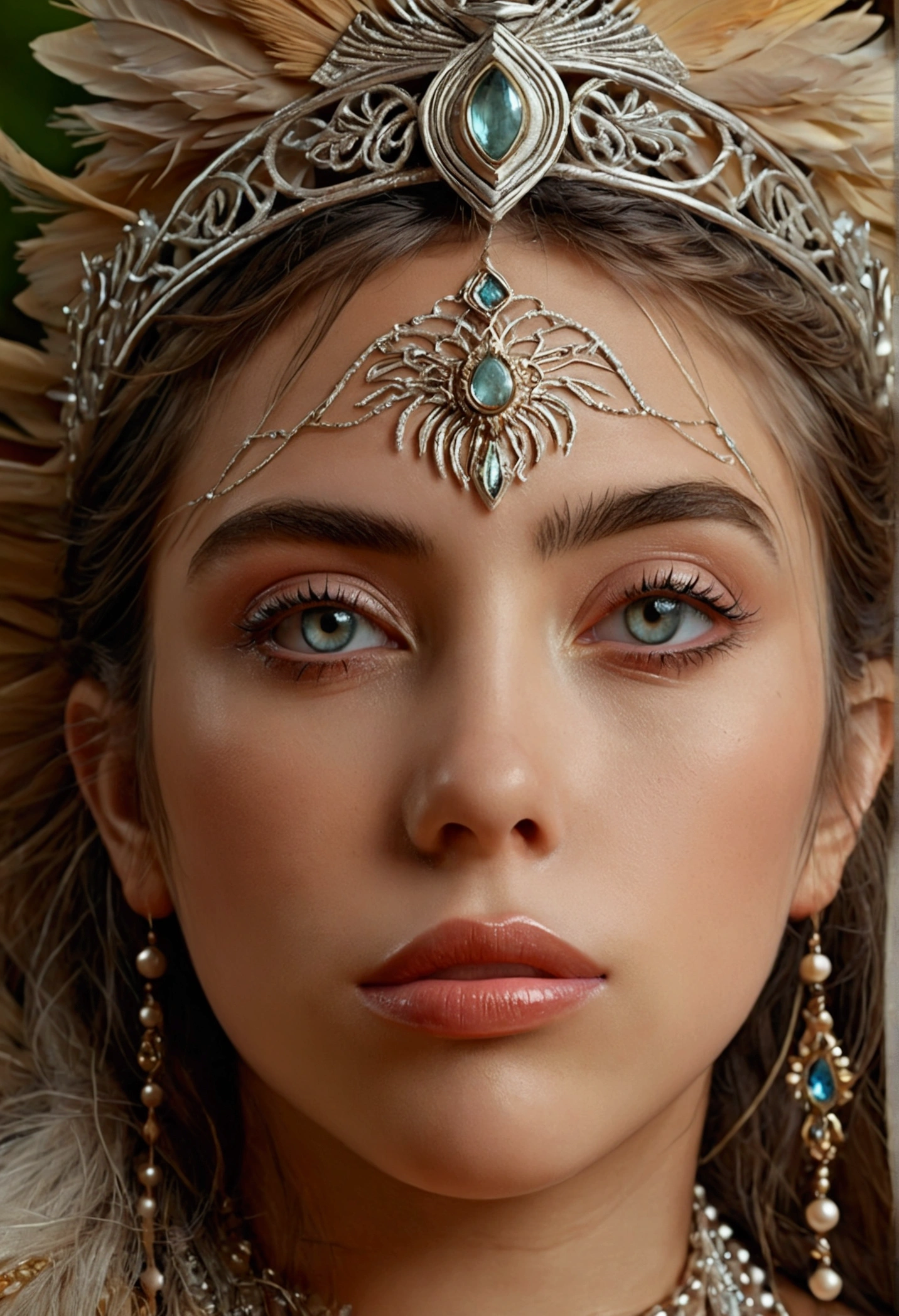 beautiful detailed eyes, beautiful detailed lips, extremely detailed eyes and face, longeyelashes, woman, nymph, rugged masculine features, fantasy, surreal, dreamlike, intricate, ethereal, mystical, glowing skin, ornate headdress, flowing hair, detailed fabric textures, lush nature background, (best quality,4k,8k,highres,masterpiece:1.2),ultra-detailed,(realistic,photorealistic,photo-realistic:1.37), cinematic lighting, vibrant colors, dramatic