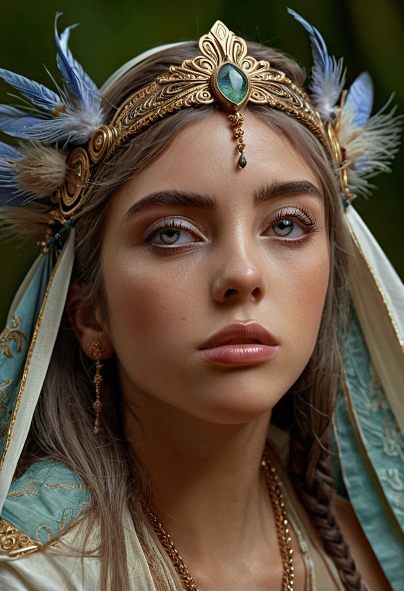 beautiful detailed eyes, beautiful detailed lips, extremely detailed eyes and face, longeyelashes, woman, nymph, rugged masculine features, fantasy, surreal, dreamlike, intricate, ethereal, mystical, glowing skin, ornate headdress, flowing hair, detailed fabric textures, lush nature background, (best quality,4k,8k,highres,masterpiece:1.2),ultra-detailed,(realistic,photorealistic,photo-realistic:1.37), cinematic lighting, vibrant colors, dramatic