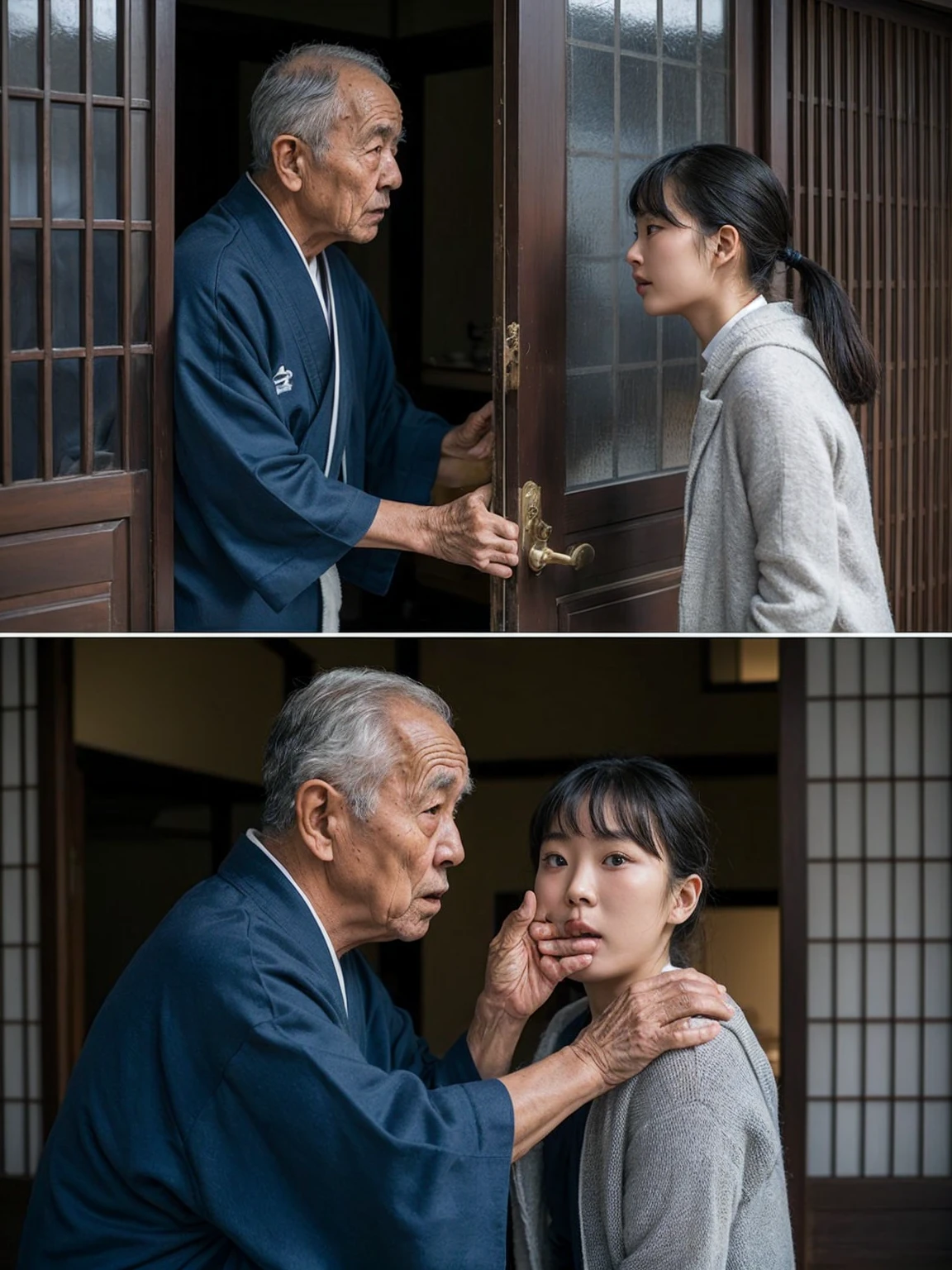 Create a dramatic scene, An elderly man opens the door and speaks with a young japanese woman standing outside the house. They appear to be having a serious conversation. In the second image, the elderly man is seen holding the same young woman's shoulder while she covers her mouth with her hand, appearing shocked or scared. The setting is inside a house with a traditional Japanese atmosphere, evident from the sliding doors and the man's robe.