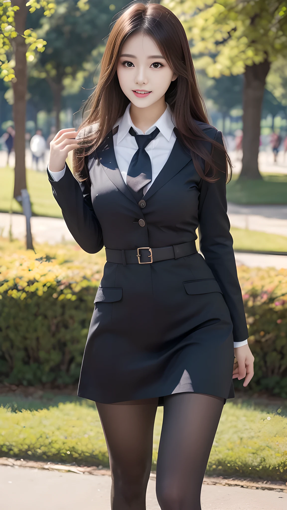 ulzzang-6500-v1.1, (RAW Photos:1.2), (Photorealistic), (Genuine:1.4), 1girl、Perfect Anatomy、20 years old、Looking at the camera、Medium Long Hair、uniform、dress, (( in the park :1.2))、(Ultra-realistic pantyhose:1.2), (Business services)、Asian Eyes Ella,