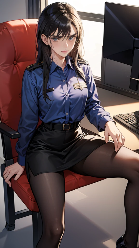 a woman , elegant dress, tied to an office chair, barefoot ,wrists and legs bound, sitting in a teacher's office, dramatic, cinematic lighting, photorealistic, highly detailed, hyper-realistic, 8k, masterpiece