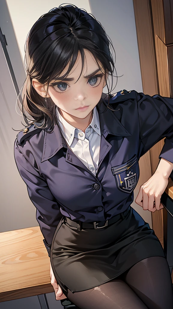 {{masterpiece}}, {{{Highest quality}}},{{Very detailed}},{{{from below}}},{{Female police officer sitting on a chair}}Pencil skirt with slits,Black leggings,Black tights,Small breasts Black underwear、Thin legs long sleeve police uniform,Sitting in a chair in an office with a serious expression,Focus on legs{{{Sitting in a chair in an office with a serious expression成熟した女性}}},{{疲労でSweatをかいている成人女性}},Sweat,Hold the arm with one hand ,sit,{{Blushing}},{{V-shaped eyebrows}}},{{{}},{椅子にsit}},{},, ,{{}},,,{{}},{{}},,Slender body}}{{Female police officer}},,blush,Wrinkles ,amount,Grit your teeth,suffering,v-shaped eyebrows.,Sweat dripping ,get annoyed,,Inside the office,