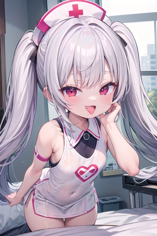 独奏,Whole body、(looking back over their shoulder), Young face、long silver Hair、long Twin tails、Spoiled brat、Immature body、(Small breasts)、smile、(Thick thighs:1.5)、red eyes、Backwards、looking at viewer、Open mouth、double teeth、fang、blushing and sticking out her cute tongue, tongue out、sensational、Back view, Character portrait, (gymnasium:1.8)、whole body、 wearing a white Nurse costume、Hospital bed