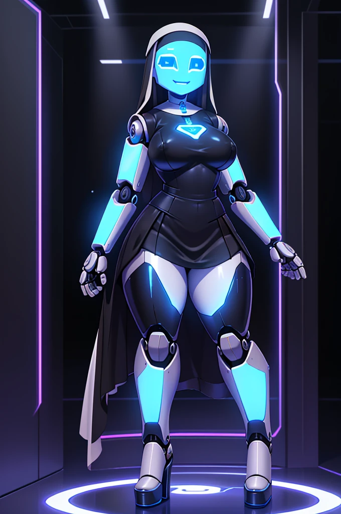 (masterpiece) (high Res), (((robot))), (Perfect face), (perfect anatomy), robot woman with a robotic head, in super tight clothes, (full body nun outfit), (mini skirt), happy, ((glowing screen face)), big breast, narrow mechanical waist, wide hips, thick thighs, metal body, black high heels, (robot girl), ((solo)), ((alone))