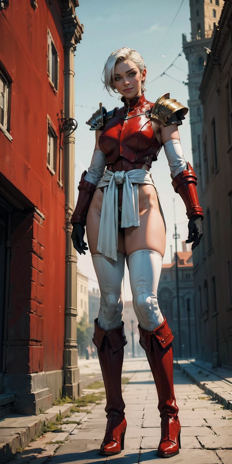 (masterpiece, best quality, 4k, 1girlsolo, 1MILFWOMAN, smile RED cheeks, plain background:1.2) perfect face, perfect lighting, mature whsororitas with gloves RED gauntlets in her hands like Cammy White from Street Fighter, bob RED hair, warhammer 40k power armor suit with loincloth, red eyes like rubies, full body RED armor, view from below, looking to the viewer, arms to the sides empty hands, RED military boots, silver skull ornament attached to crossing 2 belt wide hips, 2 long legs