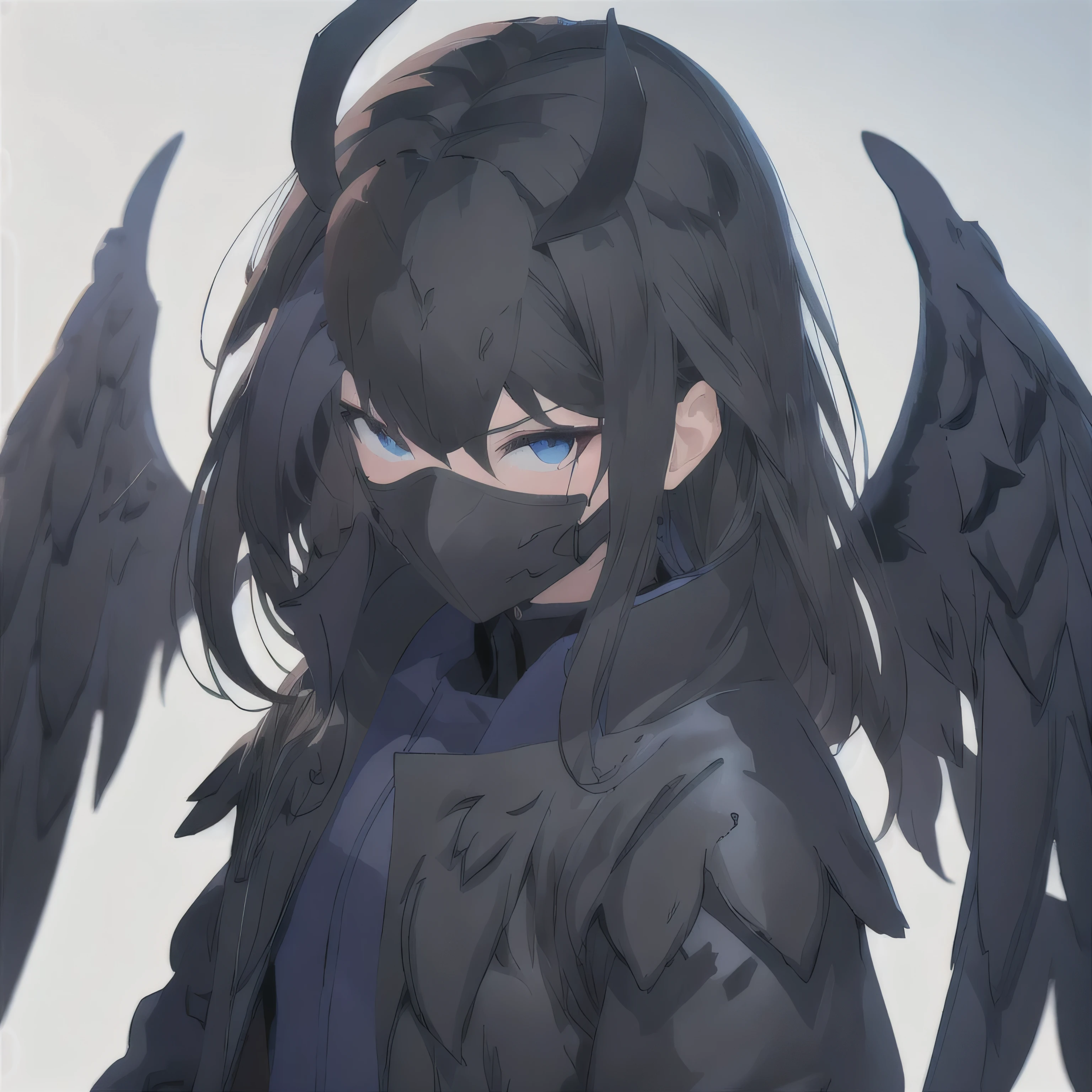 Windrazor, 1girl, wearing hoodie, close all face with mask, green eyes, black wings, big wings, medium breast, outdoors, rooftop, afternoon, 12:37pm
