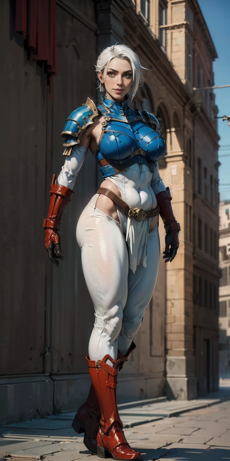 (masterpiece, best quality, 4k, 1girlsolo, 1MILF, mmplatz, smile, red cheeks, plain background:1.2) perfect face, perfect lighting, mature whsororitas with gloves red gauntlets in her hands like Cammy White from Street Fighter, bob white hair, warhammer 40k power armor suit with loincloth, red eyes like rubies, full body RED armor, view from below, looking to the viewer, arms to the sides empty hands, RED military boots, silver skull ornament attached to crossing 2 belt wide hips, 2 long legs