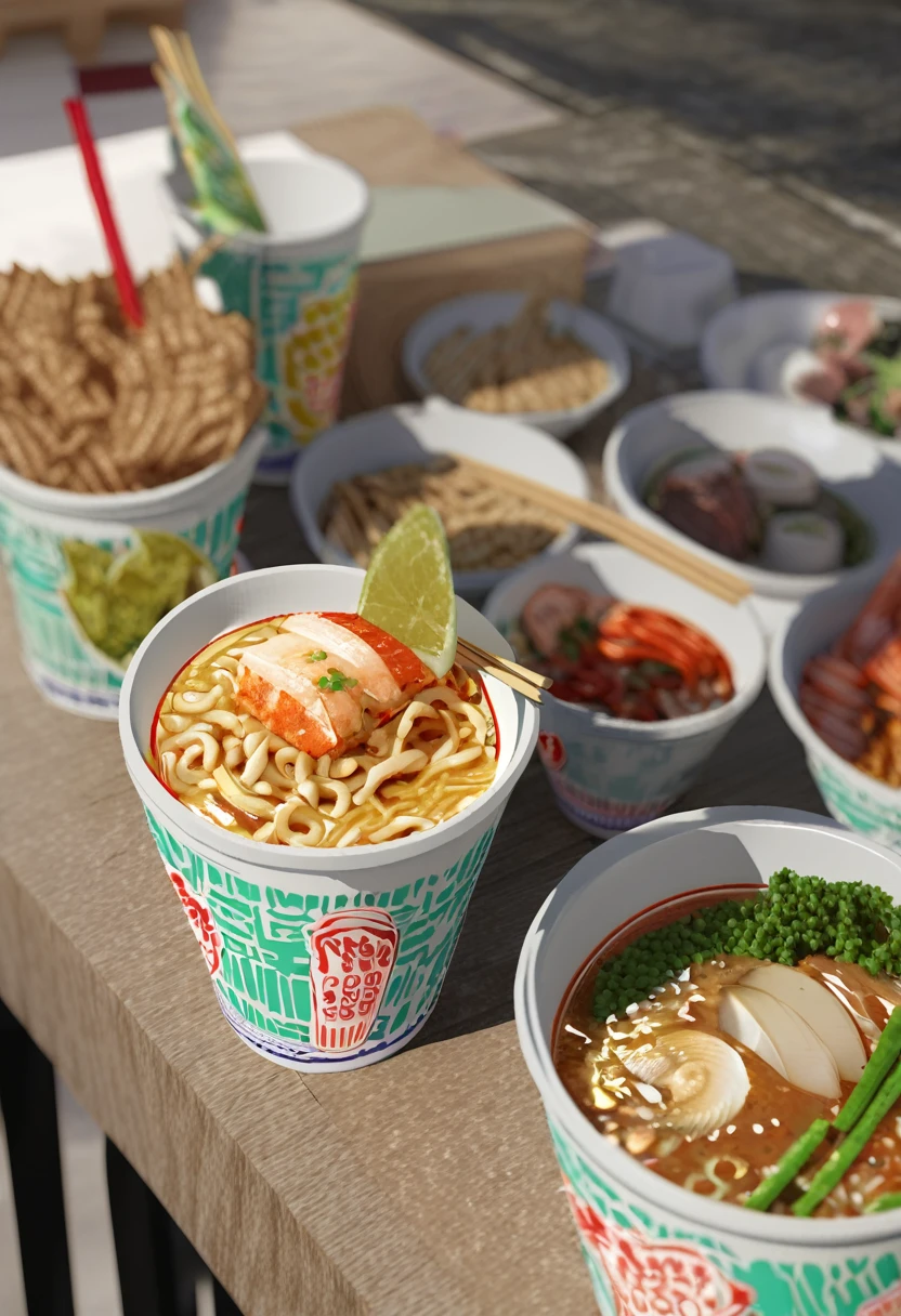 photorealistic,(Masterpiece, BestQuality),flat color,cup noodle seafood,nissin,very delicious looking food,octane,3d rendering,