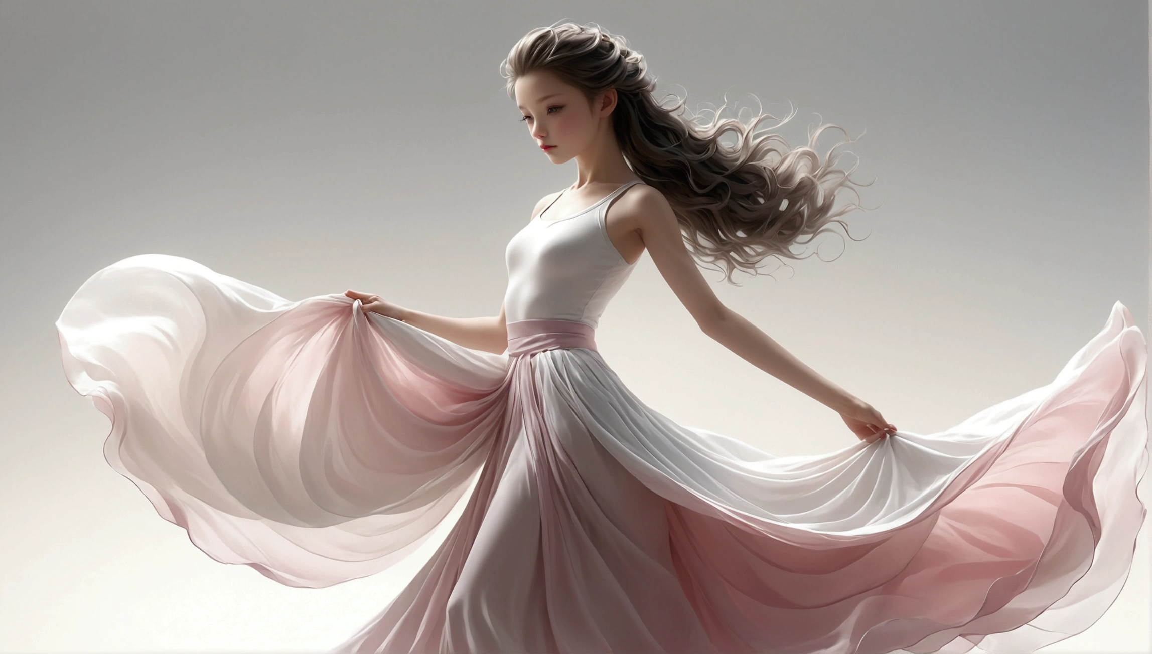 Dance photography;A dancer,Solitary;A little girl in a long skirt(Girl),Chinese style skirt,Pink white gradient,Conservative style,Smudged skirt hem;The movements of the dance;elegant,Flexible skirt,High-rise skirt;Long hair,Long hair披肩。Full body view,front; Simple style;Minimalism。Background of Flatness,Absolute pure color;White background,Pure white background,Low saturation,Gray tone;Panoramic photography;Depth of Field, Extraordinary details, masterpiece, high quality, 4K,cinematic lighting, motion blur, depth of field, sparkle, ray tracing, reflection light, anatomically correct, uhd, textured skin, best quality, super detail, highres, high details, accurate, high quality, award winning