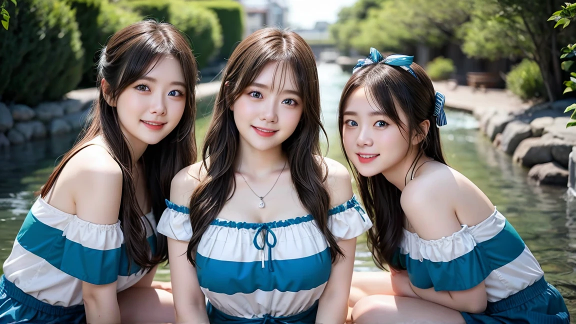 (3 girls),smile、Look into the camera、necklace、Striped off-the-shoulder shirt、The material is smooth and flexible.、exposed upper arms、Blue-green striped knee-length socks Extra long twin tail hair、close range shooting、Flower Hair Ornaments、Blindfold、Garter、Squat with legs wide apart. A masterpiece., Highest quality, 8ก, beautiful girl, young face、 photography, Cute face, thigh,in the stream,、รอยsmile、small waist, blue eyes(((big breasts:1.0)))