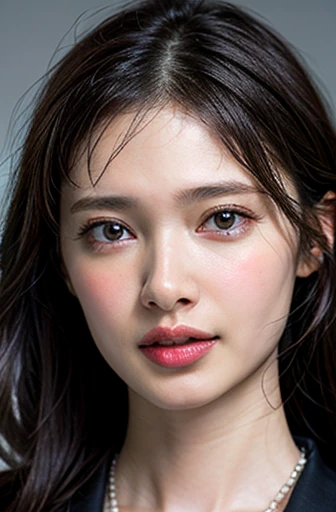 (nsfw:-2),realistic, photo-realistic, best quality, masterpiece, RAW photo, high resolution, intricate details, extremely detailed, realistic and sharp details, (portrait, face focus, frontal photography), solo, a Japanese woman, detailed face, detailed eyes, beautiful pupils, sophisticated nose, pale skin, fine-textured skin, necklace, jewelry, collarbone, wearing some clothes, simple background,