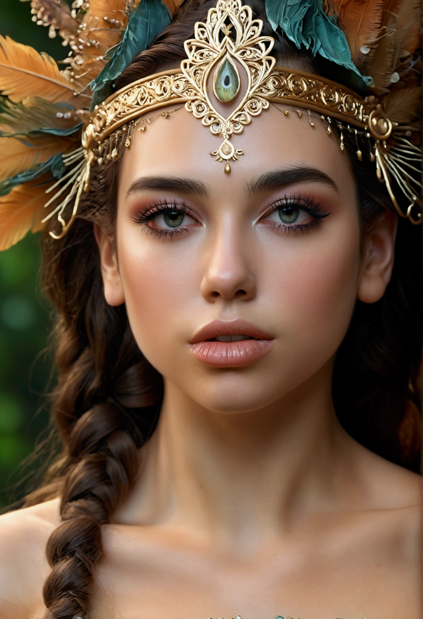 beautiful detailed eyes, beautiful detailed lips, extremely detailed eyes and face, longeyelashes, woman, nymph, rugged masculine features, fantasy, surreal, dreamlike, intricate, ethereal, mystical, glowing skin, ornate headdress, flowing hair, detailed fabric textures, lush nature background, (best quality,4k,8k,highres,masterpiece:1.2),ultra-detailed,(realistic,photorealistic,photo-realistic:1.37), cinematic lighting, vibrant colors, dramatic