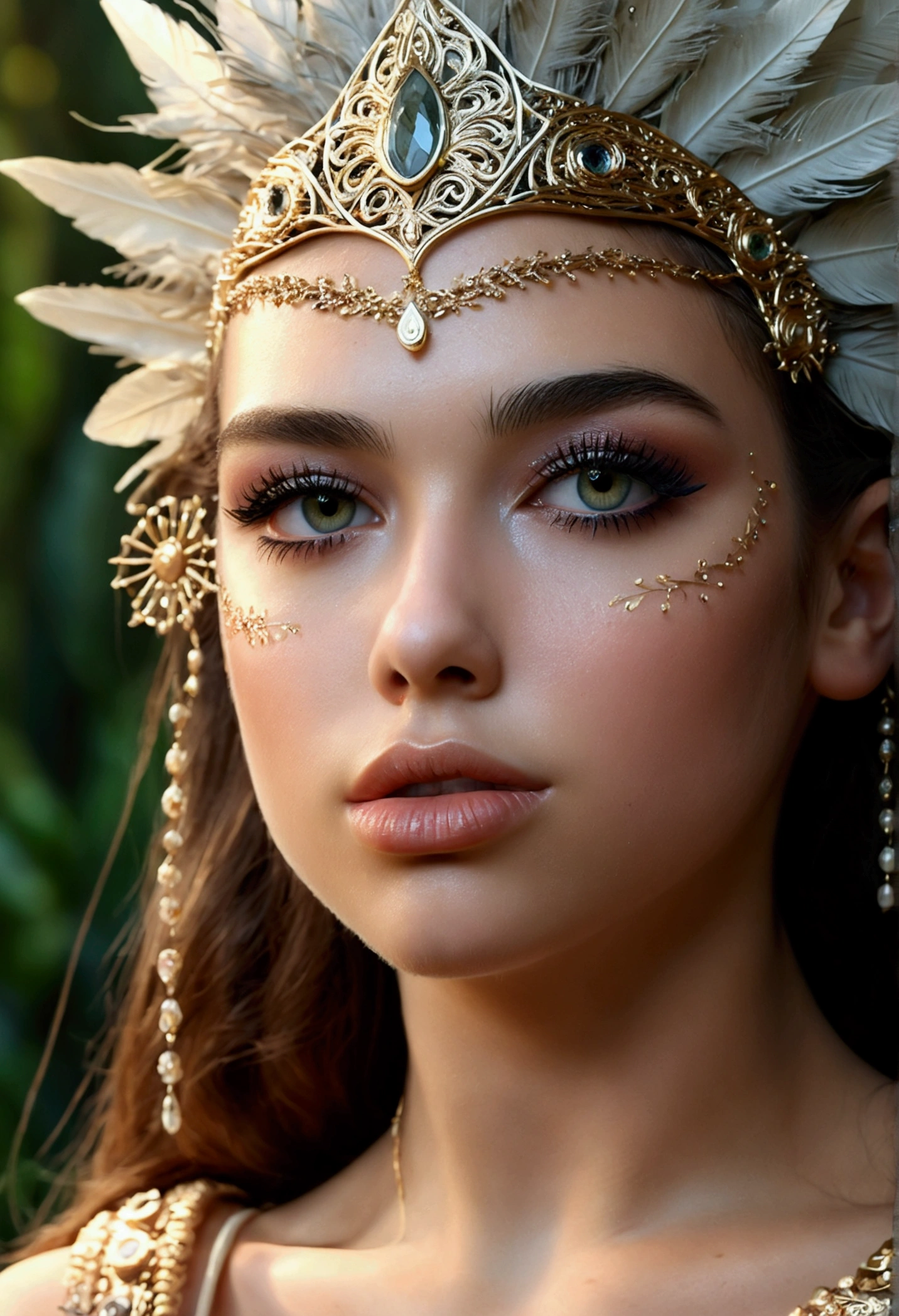 beautiful detailed eyes, beautiful detailed lips, extremely detailed eyes and face, longeyelashes, woman, nymph, rugged masculine features, fantasy, surreal, dreamlike, intricate, ethereal, mystical, glowing skin, ornate headdress, flowing hair, detailed fabric textures, lush nature background, (best quality,4k,8k,highres,masterpiece:1.2),ultra-detailed,(realistic,photorealistic,photo-realistic:1.37), cinematic lighting, vibrant colors, dramatic