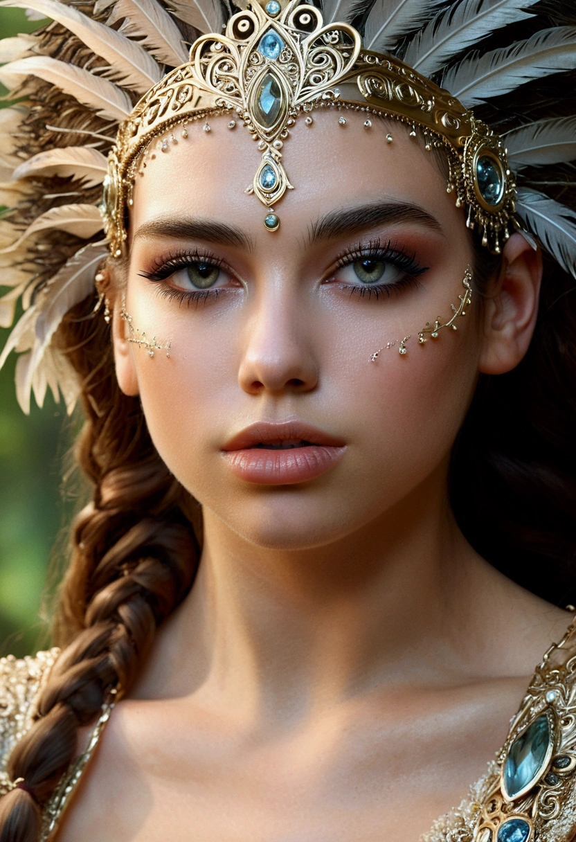 beautiful detailed eyes, beautiful detailed lips, extremely detailed eyes and face, longeyelashes, woman, nymph, rugged masculine features, fantasy, surreal, dreamlike, intricate, ethereal, mystical, glowing skin, ornate headdress, flowing hair, detailed fabric textures, lush nature background, (best quality,4k,8k,highres,masterpiece:1.2),ultra-detailed,(realistic,photorealistic,photo-realistic:1.37), cinematic lighting, vibrant colors, dramatic