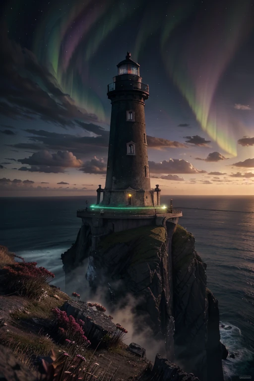 A lighthouse with a bright aurora light above it on a cliff, a matte painting by Alexander Kucharsky, Pexels contest winner, Fantasy Art, Max Rive, Fantasy Art de Jessica Rossier, Marc Adamus, beautiful digital artwork, magical colors and atmosphere, amazing wallpaper, beautiful wallpaper, magnificent background, Conceptual art, awesome atmosphere, beautiful and aesthetic, dream matte painting