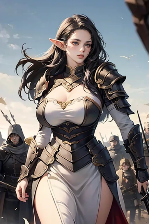 a beautiful elf, long black hair, sky blue eyes, thin lips, round face, huge breasts, wide hips, elven battle armor, ready to fight, imposing and beautiful, battlefield scene, fantasy, high quality, detailed, photorealistic, cinematic lighting, dramatic colors, epic scale, intricate details