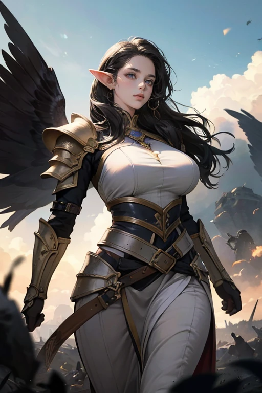 a beautiful elf, long black hair, sky blue eyes, thin lips, round face, huge breasts, wide hips, elven battle armor, ready to fight, imposing and beautiful, battlefield scene, fantasy, high quality, detailed, photorealistic, cinematic lighting, dramatic colors, epic scale, intricate details