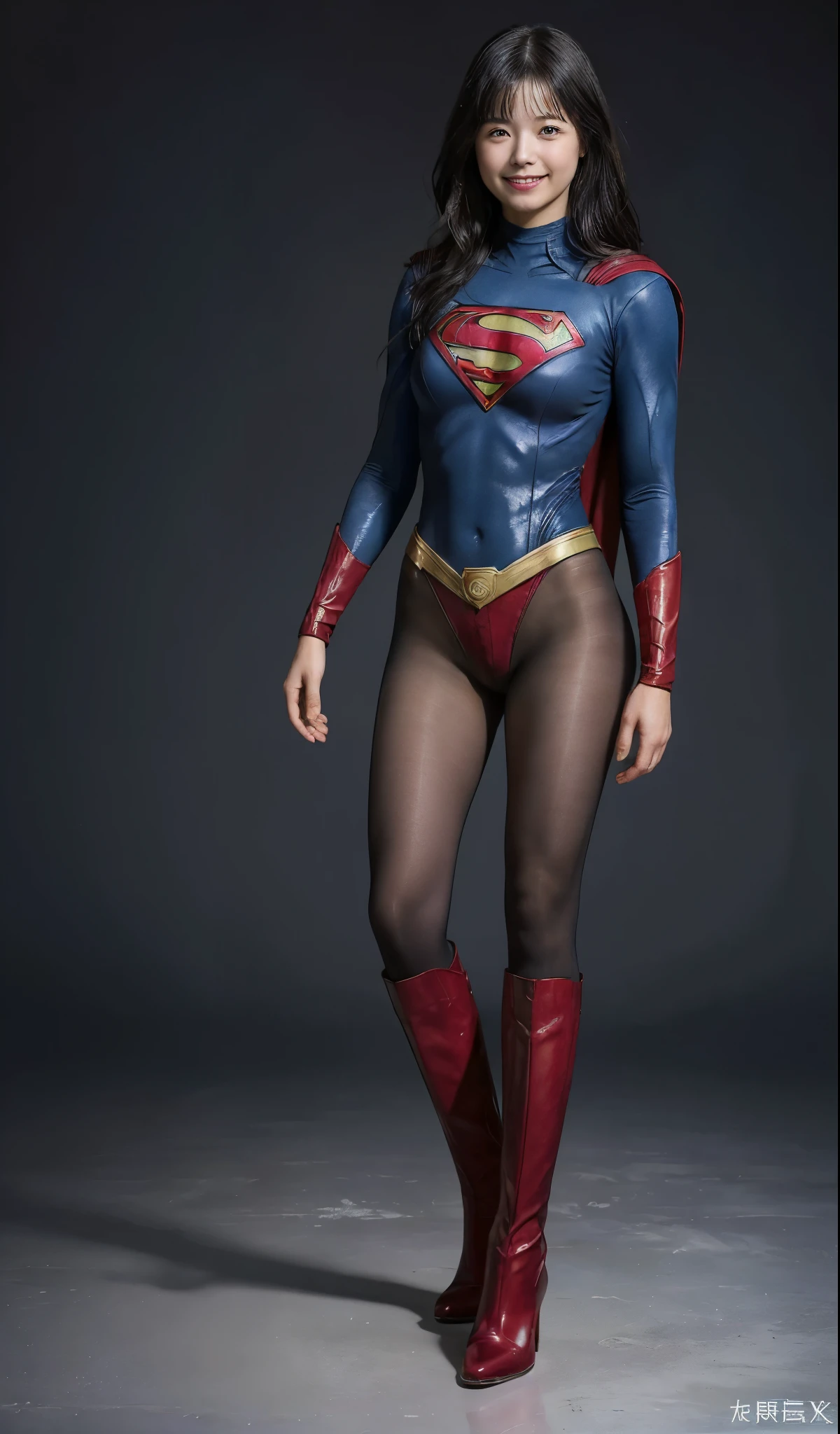No background、(((Beautiful legs in black tights.)))、(((Legally express the beauty of your smile)))、((((Make the most of your original images)))、(((Supergirl Costume)))、(((short and beautiful hair)))、(((Smiles and winks)))、(((Please wear black tights....、Wear red boots)))、((Best image quality、8k))、((Highest quality、8k、masterpiece:1.3))、(((Preserve background )))、Sharp focus:1.2、Beautiful woman with perfect figure:1.4、Slim Abs:1.2、Wet body:1.5、Highly detailed face and skin texture、8k