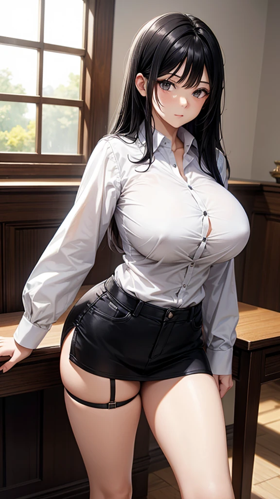 Adult woman with straight black hair and huge breasts,White open collar long sleeve shirt,underwear,Bare legs,Black garter,Standing,Room