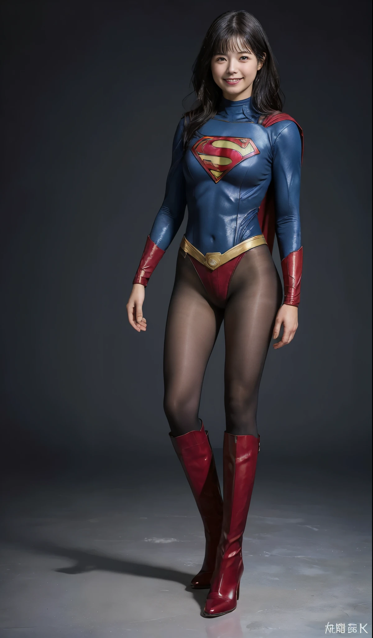 No background、(((Beautiful legs in black tights.)))、(((Legally express the beauty of your smile)))、((((Make the most of your original images)))、(((Supergirl Costume)))、(((short and beautiful hair)))、(((Smiles and winks)))、(((Please wear black tights....、Wear red boots)))、((Best image quality、8k))、((Highest quality、8k、masterpiece:1.3))、(((Preserve background )))、Sharp focus:1.2、Beautiful woman with perfect figure:1.4、Slim Abs:1.2、Wet body:1.5、Highly detailed face and skin texture、8k