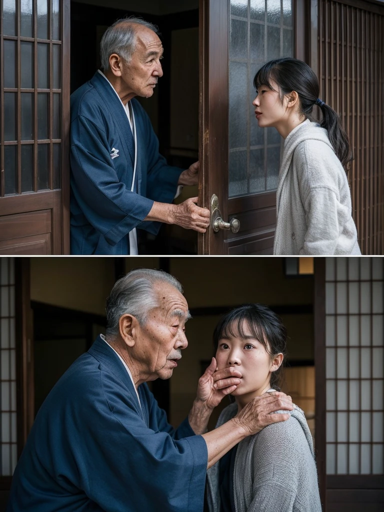 Create a dramatic scene, An elderly man opens the door and speaks with a young japanese woman standing outside the house. They appear to be having a serious conversation. In the second image, the elderly man is seen holding the same young woman's shoulder while she covers her mouth with her hand, appearing shocked or scared. The setting is inside a house with a traditional Japanese atmosphere, evident from the sliding doors and the man's robe.