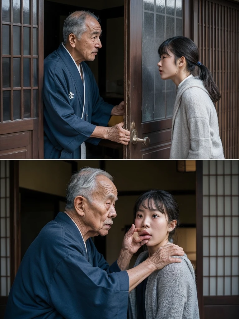 Create a dramatic scene, An elderly man opens the door and speaks with a young japanese woman standing outside the house. They appear to be having a serious conversation. In the second image, the elderly man is seen holding the same young woman's shoulder while she covers her mouth with her hand, appearing shocked or scared. The setting is inside a house with a traditional Japanese atmosphere, evident from the sliding doors and the man's robe.