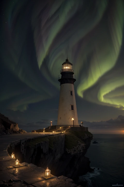 A lighthouse with a bright aurora light above it on a cliff, Max Rive, fantasy art by Jessica Rossier, Marc Adamus, Lt. Alexander Kucharsky, beautiful digital artwork, magical colors and atmosphere, amazing wallpaper, beautiful wallpaper, magnificent background, Conceptual art, awesome atmosphere, Lt. Jessica Rossier, beautiful and aesthetic, dream matte painting, incredibly epic images