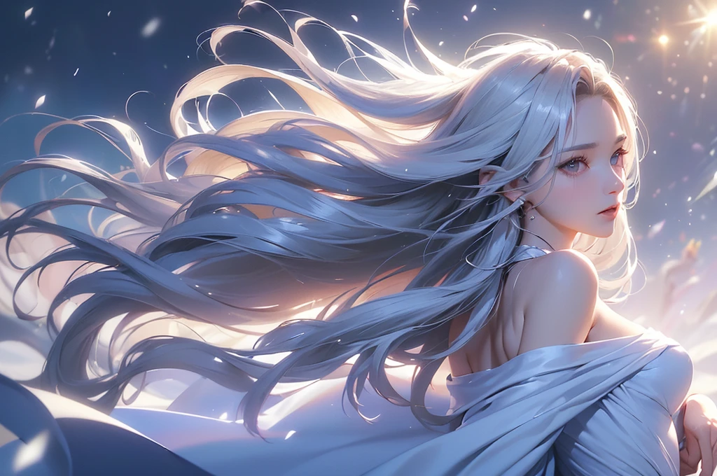 ((masterpiece:1.5、8k、Portraiture、フォトリアリスティックでVery detailedなCG、Very detailed、Particle Effects、Dynamic Effects、Shallow depth of field、Cinematic Light、Lens flare、Ray Tracing、Tabletop、Realistic:1.4、Ultra-high resolution:1.2、Realistic、Realistic))((alone、1 girl,A woman wearing a cashmere coat over an off-the-shoulder dress:1.4、Elegant woman posing、Detailed face、bright表情、young, bright, Whiter skin、Ample breasts、Best Looks、Ultimate beauty、Shiny silver hair with highlights、bright and shiny hair,、Super long, Silky straight hair、Hair dancing in the wind))(morning、The setting is outdoors in the snow、Surrounded by illuminations)Wear warm clothes