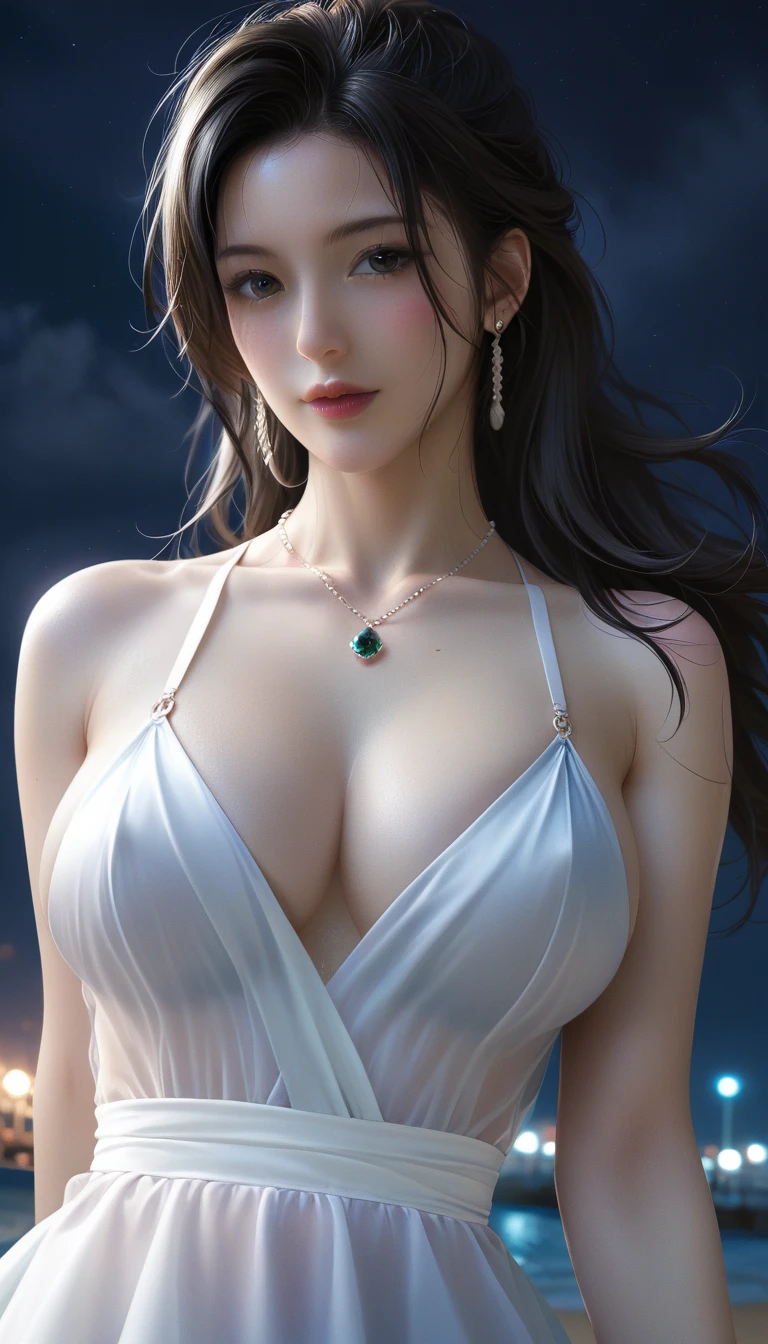 score_9, score_8_superior, score_7_superior, Masterpieces with up to 16K resolution,Highest quality,it is really amazing,Very detailed,Ultra-high resolution,(Ultra-realistic:1.1),(Realistic:1.1),Increased depth of field,Cinematic lighting,
Elegant Japanese MILF,
Long black hair,Ultra-detailed and beautiful faces,Translucent white skin,Very detailedな肌,
(Elegant swimwear:1.1),
Bold design,Artistic design,Beautiful and detailed pattern,Detailed fabric texture,
Gorgeous necklace,Earrings,
(In the Dark:1.1),(Night Coast:1.1),(Deserted beach:1.1),(A pitch black night sky with dark clouds:1.1),
(Dramatic Angle:1.2),