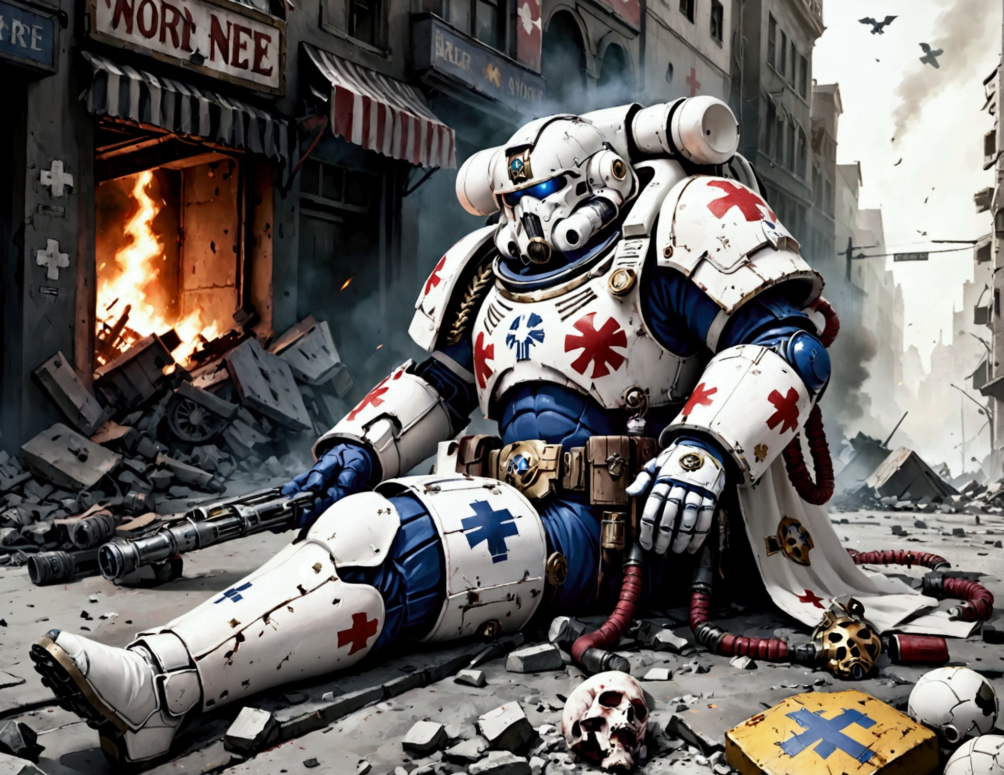 Warhammer 40k, A space marine medic (medical markings, largely white color scheme) is tending to a fallen battle brother, war torn city