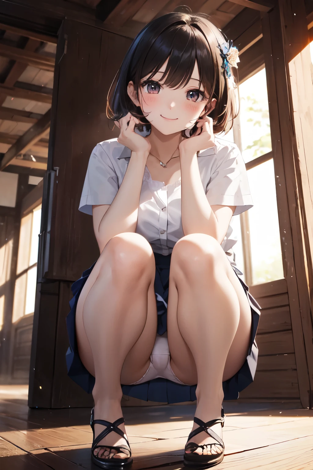 very cute and beautiful girl,(Very detailed美しい顔), (smile),blush,Black Hair,Seraphim,((Blonde、Short Hair)),(White Shirt、Pleated navy blue pread your legs、Squat)、Sitting、(From below)、(Lace panties), Country road, (Highest quality,masterpiece:1.0),Absurd,High resolution,Super detailed,Very detailed,32K,8k resolution, Intricate details,Movie Scenes,Detailed Background,alone,Dynamic Angle,
