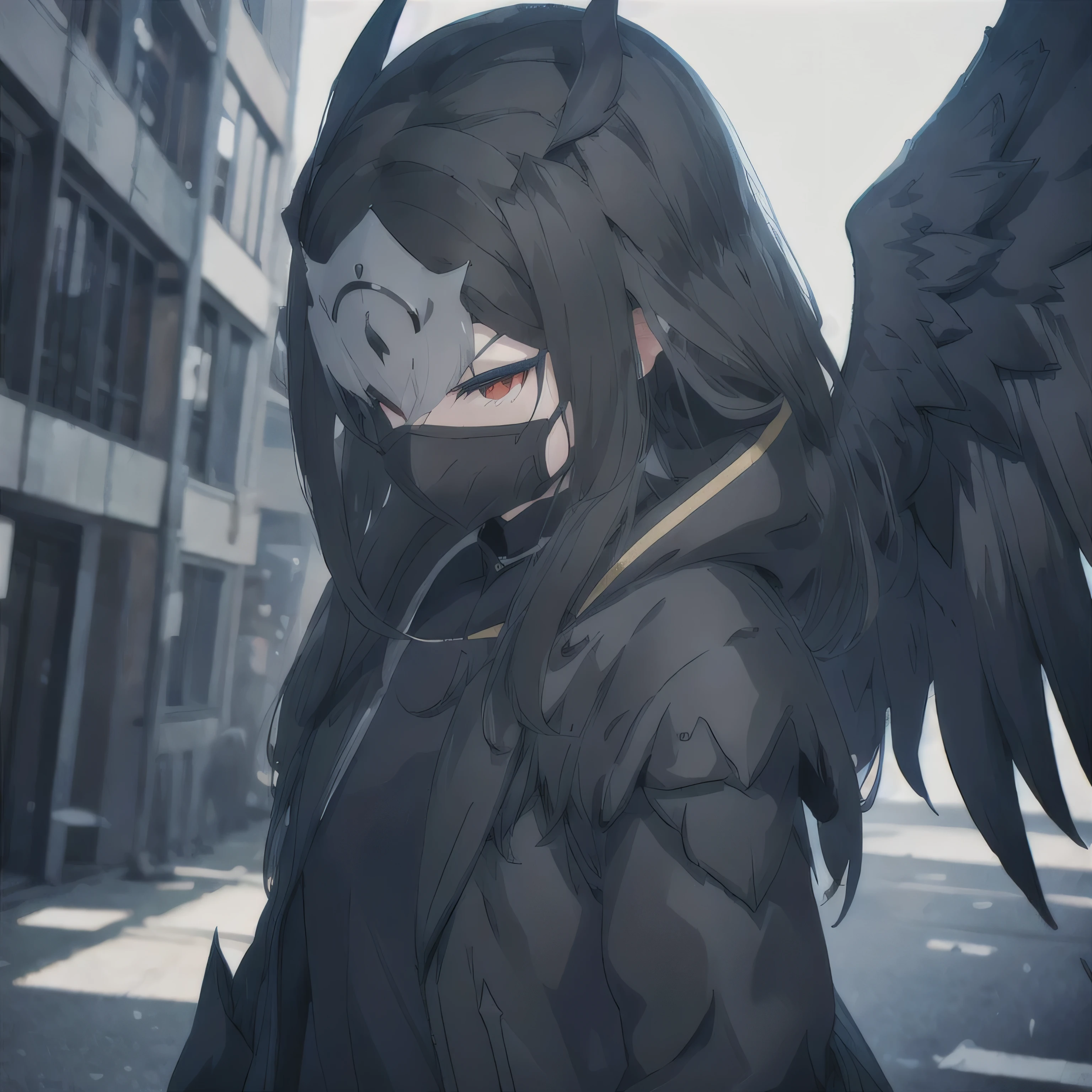 Windrazor, 1girl, wearing hoodie, close all face with mask, green eyes, black wings, big wings, medium breast, outdoors, rooftop, afternoon, 12:37pm
