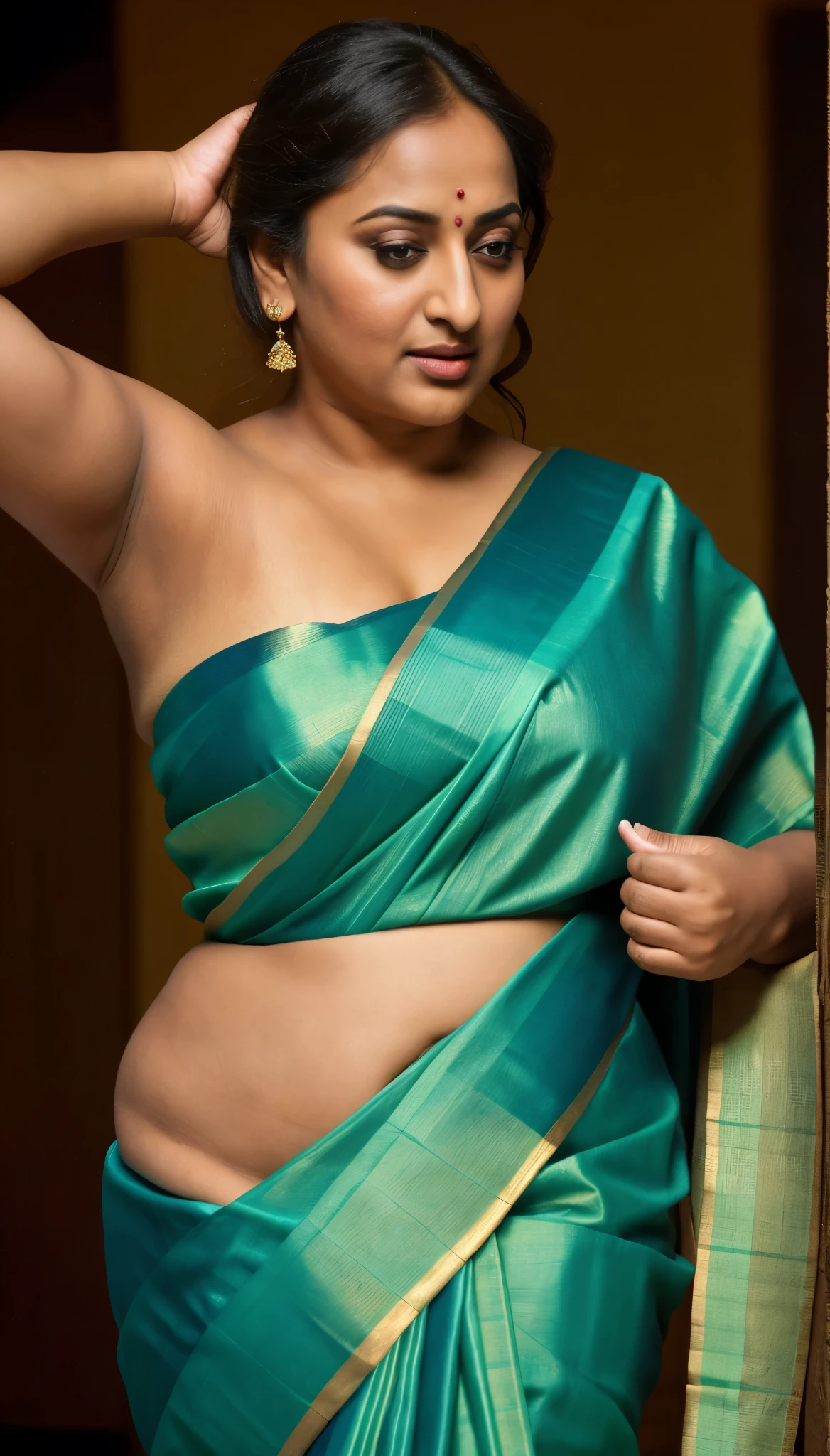Foto RAW, photorealistic, photography, full body shot, 50 years old Woman, master shot, perfect eyes, goddess like beauty, pierced eyes, perfect thick chubby mallu Desi aunty bhabhi, Wearing a Stanapatta, a chest-band.Saree model, model Photography, Indian saree shoot, Indian traditional wear advertising photography, traditional wear brand shoot, face of Indian actress Sonakshi Sinha, masterpiece, realistic, realism, incredible details, pleasure, photorealism, detailed skin, skin pores, high contrast, photorealistic Artstation 8k HD digital art trend of high definition and detailed realistic skin texture, ultra detail, realistic skin texture, armature, best quality, ultra high definition, (photorealistic:1.4),, high resolution, detail, raw photo, sweat, Re sharp, by Lee Jefferies Nikon D850 Film Stock Photo 4 Kodak Portra 400 Camera F1.6 Lens Rich Color Ultra Real Realistic Realistic Textures Dramatic Lighting Unreal Engine Trending at Art Station Cinestill 800,(pele altamente detalhada: 1.2), 8k UHD, DSLR, soft-lighting, alta qualidade, grain of film, Fujifilm XT3,she didn't like to wear blouse or bra, she is happy to wear only saree, she hates blouse or bra, detailed hairy armpits, hyper realistic skin, skin pores, sweat, veins, short hairs on armpit, stubble armpits, hyper realistic hairy armpits,