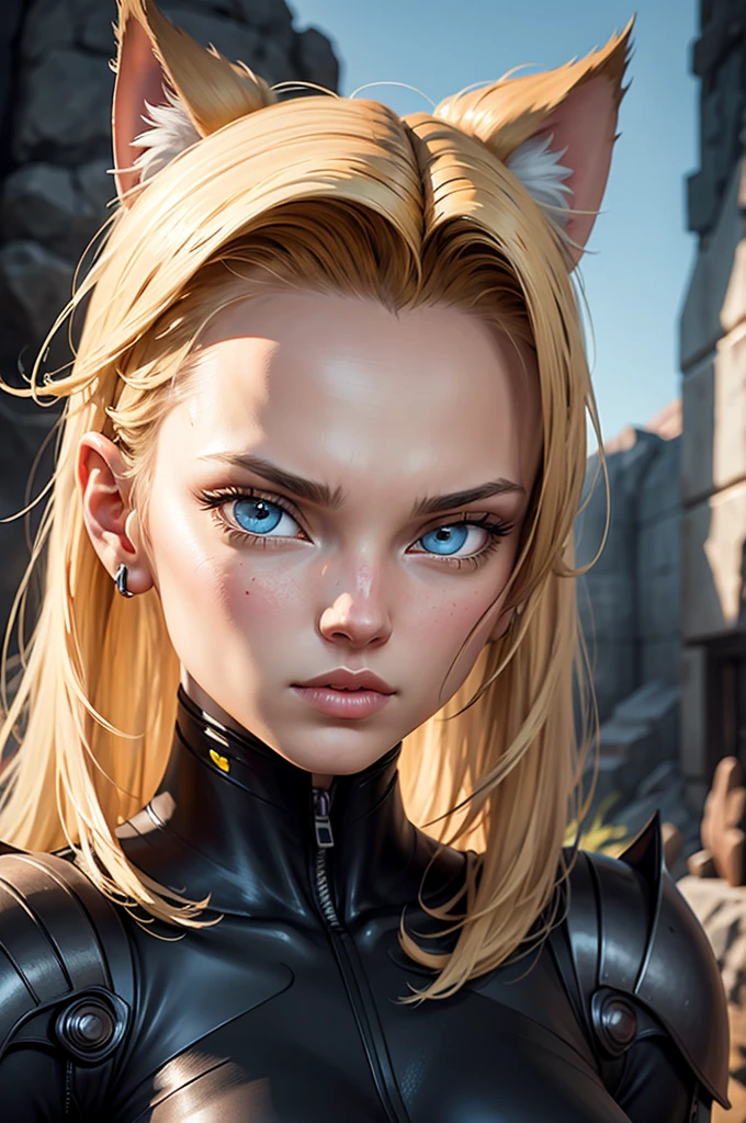 a beautiful neko android 18, detailed facial features, detailed eyes, detailed lips, detailed nose, detailed face, long eyelashes, catlike ears, catlike tail, detailed android components, cyborg body, intricate mechanical details, highly detailed, 8k, photorealistic, masterpiece, vibrant colors, dynamic lighting, dramatic poses, fantasy art