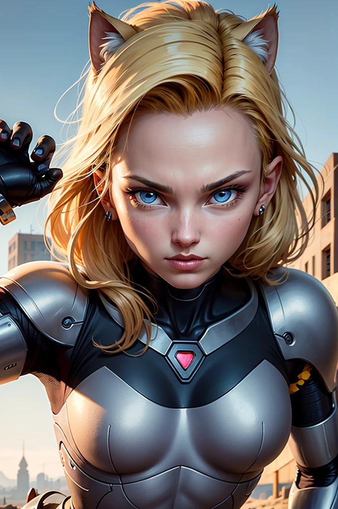 a beautiful neko android 18, detailed facial features, detailed eyes, detailed lips, detailed nose, detailed face, long eyelashes, catlike ears, catlike tail, detailed android components, cyborg body, intricate mechanical details, highly detailed, 8k, photorealistic, masterpiece, vibrant colors, dynamic lighting, dramatic poses, fantasy art