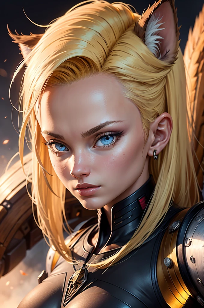 a beautiful neko android 18, detailed facial features, detailed eyes, detailed lips, detailed nose, detailed face, long eyelashes, catlike ears, catlike tail, detailed android components, cyborg body, intricate mechanical details, highly detailed, 8k, photorealistic, masterpiece, vibrant colors, dynamic lighting, dramatic poses, fantasy art