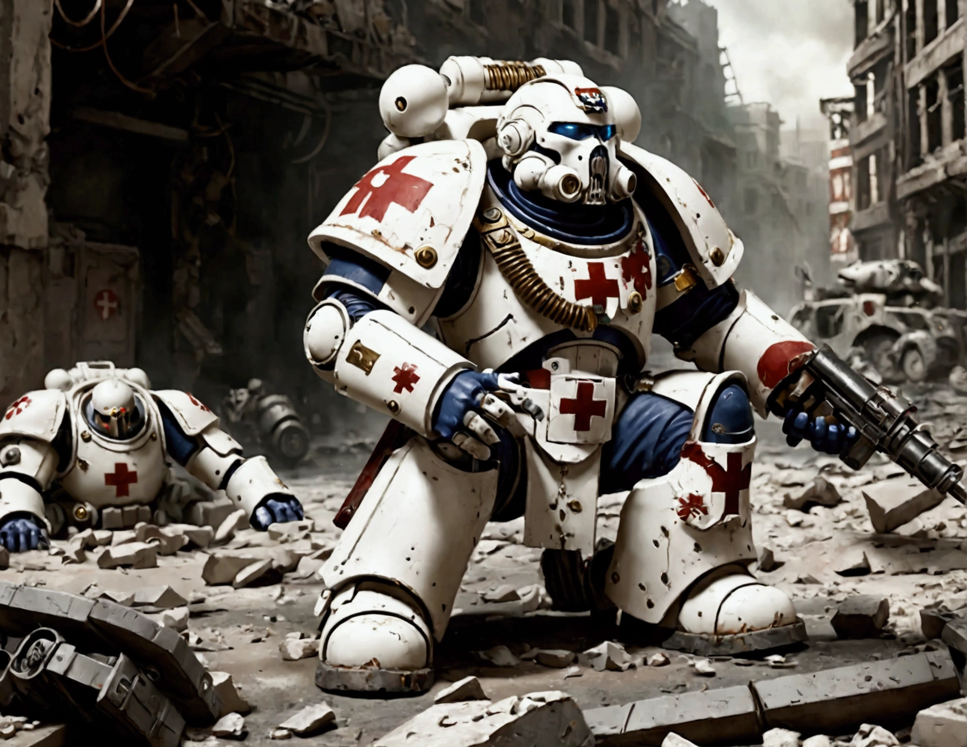 Warhammer 40k, A space marine medic (medical markings, largely white color scheme) is tending to a fallen battle brother, war torn city
