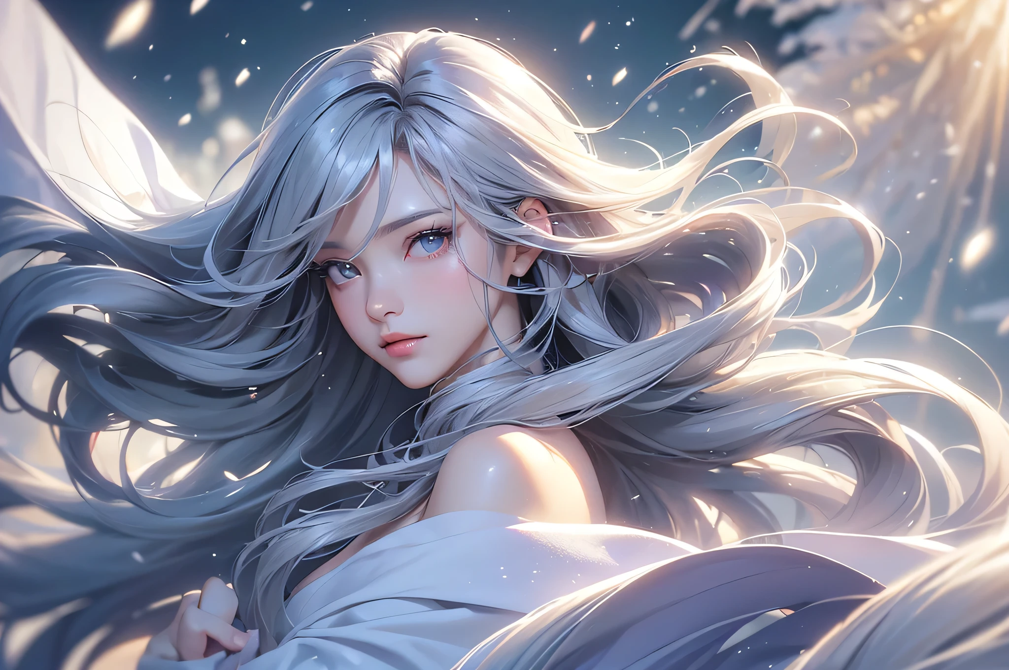 ((masterpiece:1.5、8k、Portraiture、Photorealistic and very detailed CG、Very detailed、Particle Effects、Dynamic Effects、Shallow depth of field、Cinematic Light、Lens flare、Ray Tracing、Tabletop、Realistic:1.4、Ultra-high resolution:1.2、Realistic、Realistic))((alone、1 girl,A woman wearing a cashmere coat over an off-the-shoulder dress:1.4、Elegant woman posing、Detailed face、brightexpression、young, bright, Whiter skin、Ample breasts、Best Looks、Ultimate beauty、Shiny silver hair with highlights、bright and shiny hair,、Super long, Silky straight hair、Hair dancing in the wind))(morning、The setting is outdoors in the snow、Surrounded by illuminations)Wear warm clothes