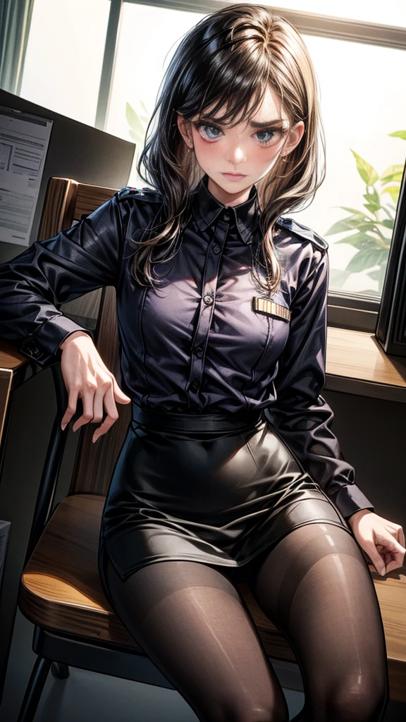 {{masterpiece}}, {{{Highest quality}}},{{Very detailed}},｛{{from below}}｝,{{Female police officer sitting on a chair}}Pencil skirt with slits,Black leggings,Black tights,Small breasts　Black underwear、Thin legs　long sleeve police uniform,Sitting in a chair in an office with a serious expression,Focus on legs｛{{Sitting in a chair in an office with a serious expression成熟した女性}}｝,{{疲労でSweatをかいている成人女性}},Sweat,Hold the arm with one hand　,sit,{{Blushing}},{{V-shaped eyebrows}}},{{{}},{椅子にsit}},{},, ,{{}},,,{{}},{{}},,Slender body}}{{Female police officer}},,blush,Wrinkles ,amount,Grit your teeth,suffering,v-shaped eyebrows.,Sweat dripping ,get annoyed,,Inside the office,