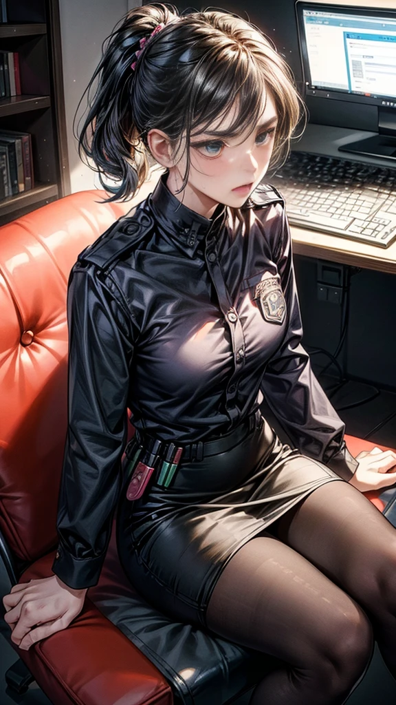 {{masterpiece}}, {{{Highest quality}}},{{Very detailed}},{{{from below}}},{{Female police officer sitting on a chair}}Pencil skirt with slits,Black leggings,Black tights,Small breasts Black underwear、Thin legs long sleeve police uniform,Sitting in a chair in an office with a serious expression,Focus on legs{{{Sitting in a chair in an office with a serious expression成熟した女性}}},{{疲労でSweatをかいている成人女性}},Sweat,Hold the arm with one hand ,sit,{{Blushing}},{{V-shaped eyebrows}}},{{{}},{椅子にsit}},{},, ,{{}},,,{{}},{{}},,Slender body}}{{Female police officer}},,blush,Wrinkles ,amount,Grit your teeth,suffering,v-shaped eyebrows.,Sweat dripping ,get annoyed,,Inside the office,