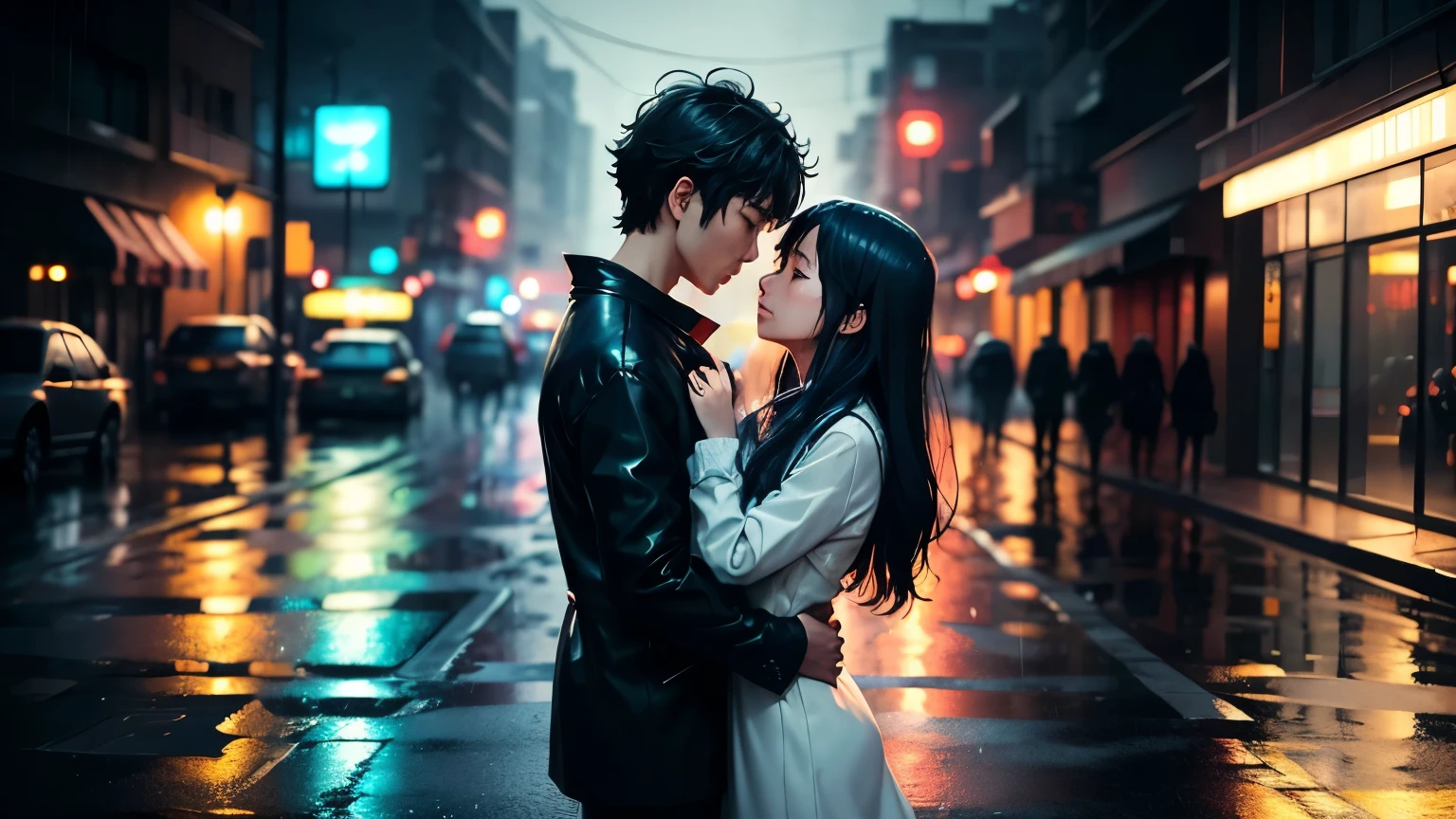 On a rain-soaked street, the couple stands drenched, holding onto each other. The rain blurs their outlines, the city lights casting reflections on the wet pavement. A blend of cool blues and bright neon colors creates a surreal, almost dreamlike atmosphere. Their soaked clothes and dripping hair add to the intensity of their emotional embrace. An anime illustration style infused with the intense and emotional aesthetics of K-drama. The visuals should capture the raw emotions and complex feelings of a couple in love, facing the pain of separation. The characters are distinctly Korean, integrated into settings that amplify the drama and depth of their relationship. Bold, vivid colors with dramatic lighting contrasts should highlight the highs and lows of their emotional journey.