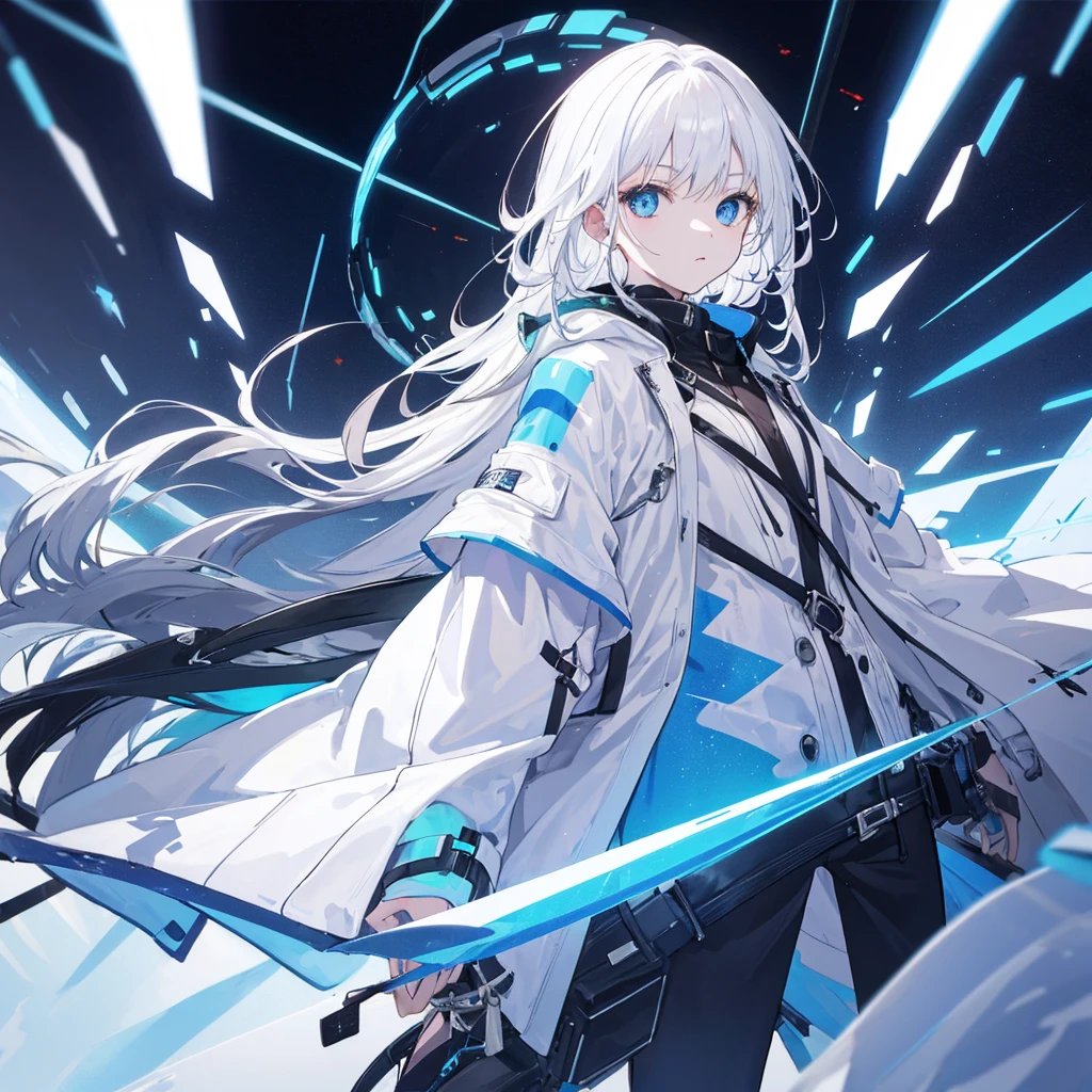(masterpiece,Highest quality,Anime Style,Ray Tracing,)(Holographic Projection,White Hair,長いWhite Hair,Hair Straightening,Blue Eyes,blue and white trench coat,Futuristic design,Clothing of the future,Solo,Futuristic background,Cowboy Shot