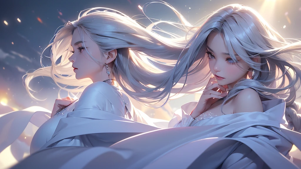 ((masterpiece:1.5、8k、Portraiture、フォトリアリスティックでVery detailedなCG、Very detailed、Particle Effects、Dynamic Effects、Shallow depth of field、Cinematic Light、Lens flare、Ray Tracing、Tabletop、Realistic:1.4、Ultra-high resolution:1.2、Realistic、Realistic))((alone、1 girl,A woman wearing a cashmere coat over an off-the-shoulder dress:1.4、Elegant woman posing、Detailed face、bright表情、young, bright, Whiter skin、Ample breasts、Best Looks、Ultimate beauty、Shiny silver hair with highlights、bright and shiny hair,、Super long, Silky straight hair、Hair dancing in the wind))(morning、The setting is outdoors in the snow、Surrounded by illuminations)Wear warm clothes