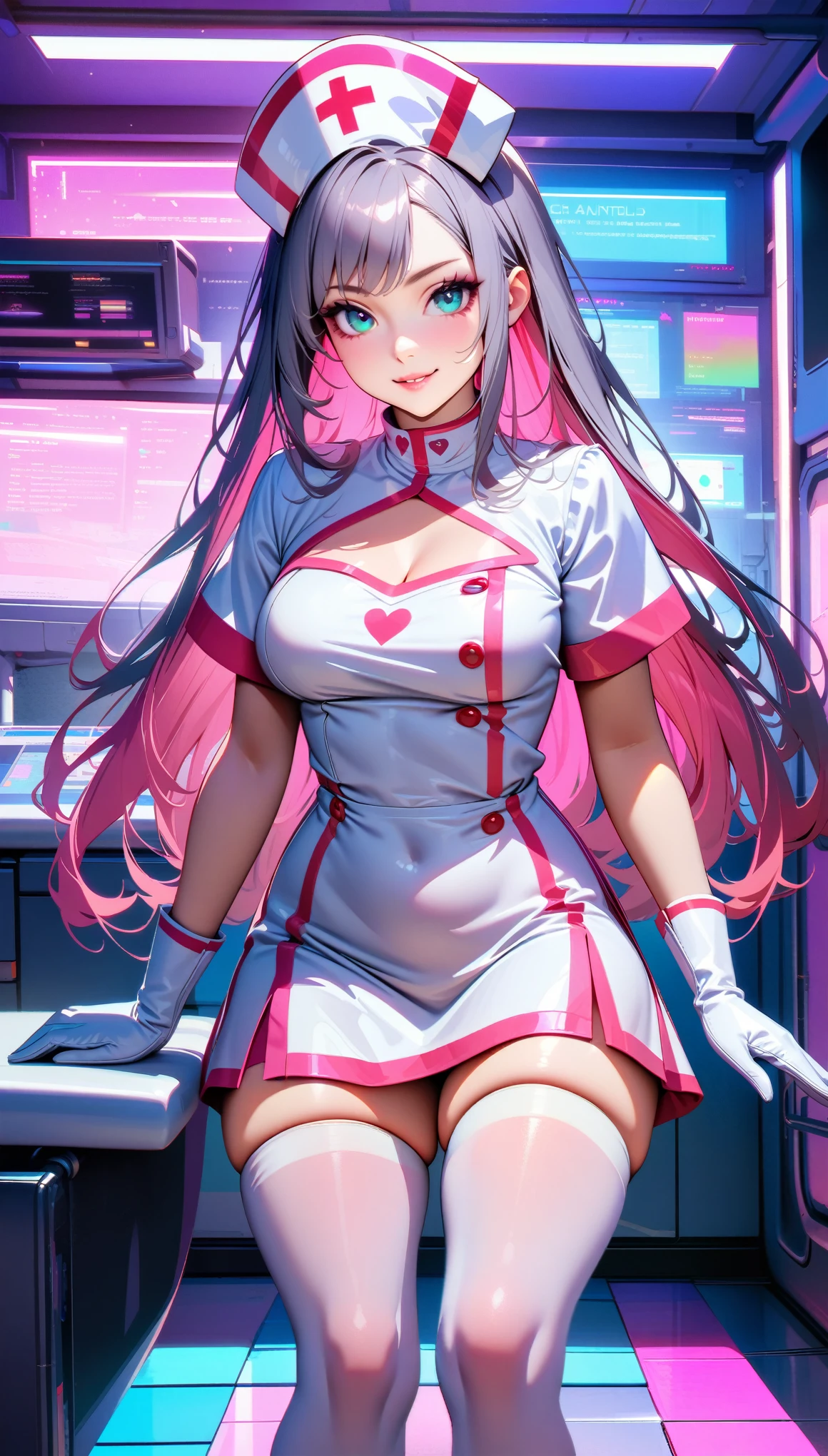 Masterpiece, Best Quality, Super Detailed, High Definition, HDR, Realistic, Depth, Fine Texture, Super Fine, Complete concentration, perfect face, (A beautiful woman in nurse uniform), nurse girl, cute girl, (smirk), (light smile, bright expression), (full detail cyber nurse uniform, white nurse dress adorned with light pink hues, Nurse Cap, nurse mark, White Gloves,  white and pink colors, White high stockings), shimmering with lustrous hues matching scheme, neon lights, aqua eyes, glossy eyes, Long eyelashes, eyeliner, plump lips, glossy lips, eyeshadows, smokey makeup, (random hairstyles, long hair, expressive hair, multicolored hair, gradient hair, colored inner hair), (nurse mark, cyber hospital room as background, high details background), fantasy art, high quality detailed art, cyber art style, white and pink color schemes, standing pose,