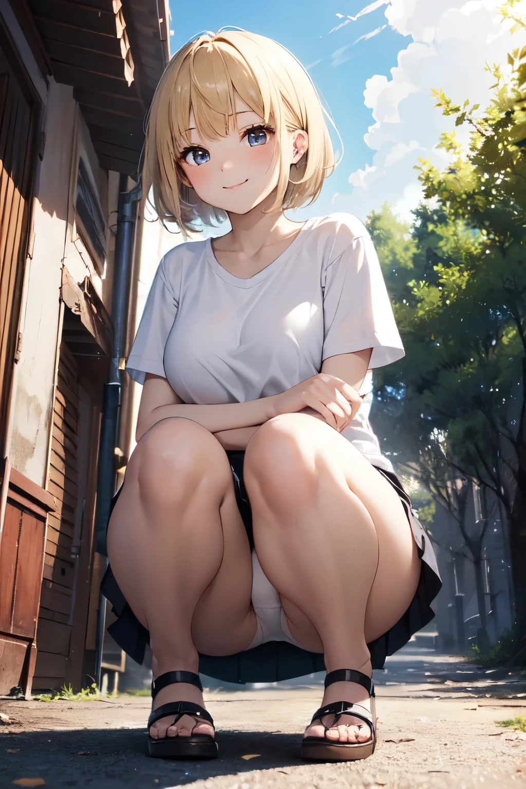 very cute and beautiful girl,(Very detailed美しい顔), (smile),blush,Black Hair,Seraphim,((Blonde、Short Hair)),(White Shirt、Pleated navy blue pread your legs、Squat)、Sitting、(From below)、(Lace panties), Country road, (Highest quality,masterpiece:1.0),Absurd,High resolution,Super detailed,Very detailed,32K,8k resolution, Intricate details,Movie Scenes,Detailed Background,alone,Dynamic Angle,