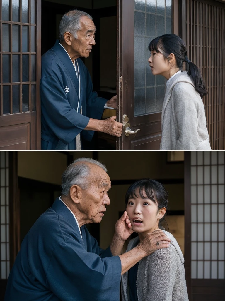 Create a dramatic scene, An elderly man opens the door and speaks with a young japanese woman standing outside the house. They appear to be having a serious conversation. In the second image, the elderly man is seen holding the same young woman's shoulder while she covers her mouth with her hand, appearing shocked or scared. The setting is inside a house with a traditional Japanese atmosphere, evident from the sliding doors and the man's robe. Detail hands